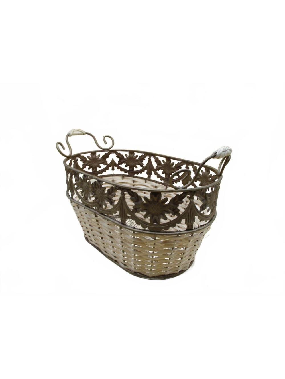 Vintage Wicker Metal Basket Decorative Wire Base Storage Bin Floral Rim Handles